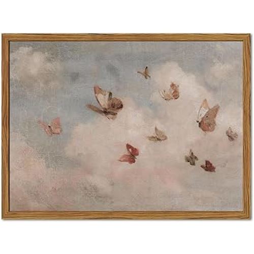 Vintage Butterfly Wall Art Cottagecore Cloud and Butterfly Wall Decor Painting Whimsical Animal Girl Nursery Artwork 3D Sandstone for Bedroom Living Room 16x24 inch Wood Framed
