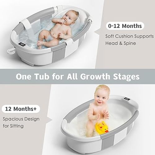 Collapsible Baby Bathtub for Newborn to Toddler 0-36 Months, Spacious Foldable Infant Bath Tub with Thermometer, Cushion & Drain Hole, Portable Travel Tub Grey