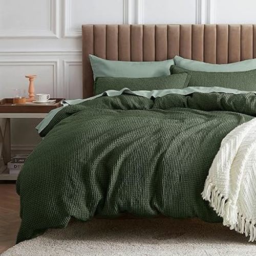 Bedsure Waffle Comforter Set King, Olive Green Cotton Bedding Set for All Seasons, Waffle Weave Bed Set, 3 Pieces, 1 Comforter (104"x90") and 2 Pillow Shams, Premium Cotton Cover with Polyester Fill