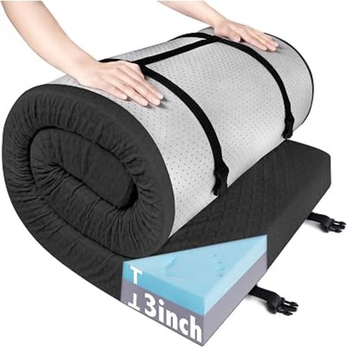 Memory Foam Camping Mattress Pad 3 Inch Thick, Soft Sleeping Pad with Waterproof Cover, Roll Up Cot Mattress Pad Topper for Travel Truck Bed Tent, Pad Only
