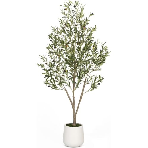 5FT Artificial Olive Tree Indoor Tall Faux Olive Trees with White Planter Natural Wood Trunk and Lifelike Fruits Potted Realistic for Home Office Living Room Decor