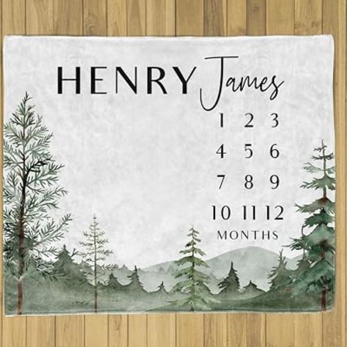 Customized Forest Milestone Blanket Baby Boy Personalized Month Tracker, Monthly Age Growth Blankets with Name, Baby Photo Prop Custom Blanket