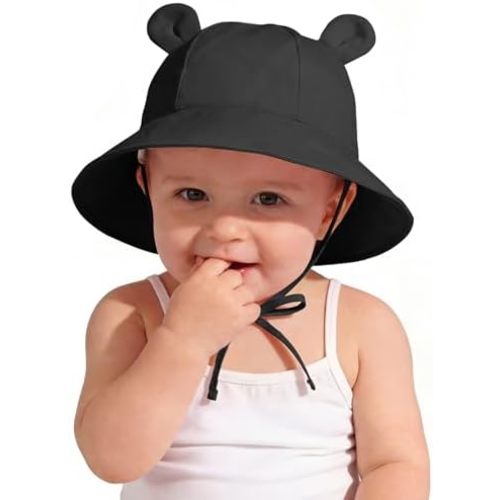 Zando Wide Brim Baby Sun Bucket Hat 0-4T UPF 50+ - Sun Protection Toddler Beach Hats with Bear Ears Infant Hat Adjustable