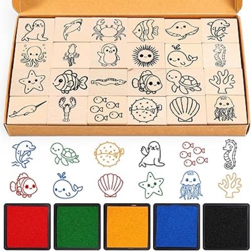 Whaline 29 Pcs Ocean Animal Wooden Rubber Stamps with Ink Pads Cartoon Under The Sea Life DIY Craft Stamps for Party Decor Scrapbooking Cards Making