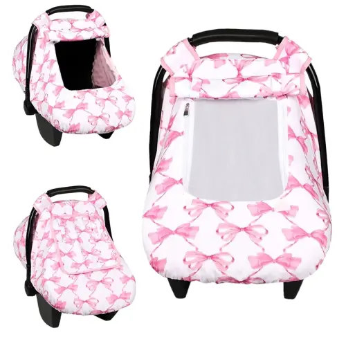 Car Seat Cover Baby, HNHUAMING Infant Car Seat Covers Canopy for Baby Girl Boy, Cozy & Windproof Newborn Carseat Covers Minky Dot Backing Stroller Cover with Breathable Mesh Window, Pink Bow