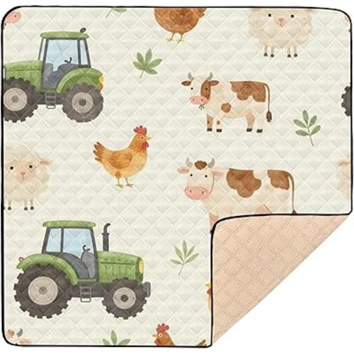 Farm Animals Cartoon Tractor Baby Play Mat for Floor 50" X 50" Foldable Waterproof Non-Slip Playmat for Baby Playpen Quilted Crawling Mats Game Rug