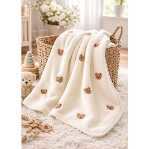 Soft Beige Teddy Bear Embroidered Wellsoft Baby Blanket 90x100cm