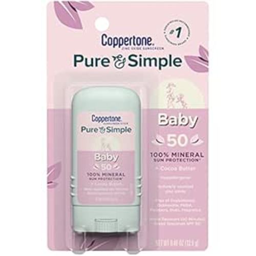 Coppertone Pure and Simple Baby Sunscreen Stick SPF 50, Zinc Oxide Mineral Sunscreen for Baby, Body and Face, 0.49 Oz Stick