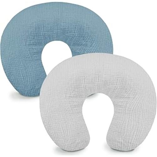 Hooyax Muslin Nursing Pillow Covers 2 Pack, Soft and Breathable Nursing Covers for Breastfeeding Pillows, Adorable Infant Feeding Pillow Slipcover for Baby Boy and Girls (Blue Grey)