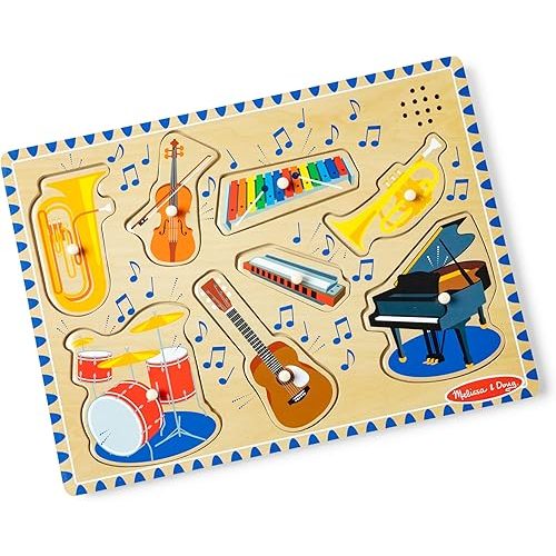 Melissa & Doug Musical Instruments Sound Puzzle - Wooden Peg Puzzle with Light-Activated Sound Effects (8 pcs) Wooden Peg Baby Music Learning Toys, for Toddlers and Preschoolers Ages 2+