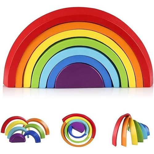 Coogam Wooden Rainbow Stacker Nesting Puzzle Blocks
