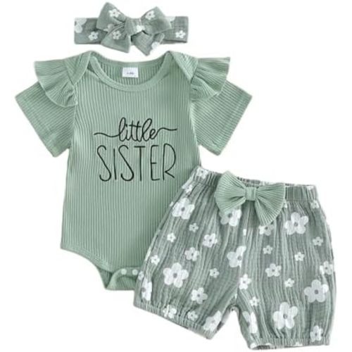 Newborn Baby Girl Summer Outfit Set Little Sister Lil Sis Short Sleeve Ribbed Romper Flower Shorts Infant Clothes