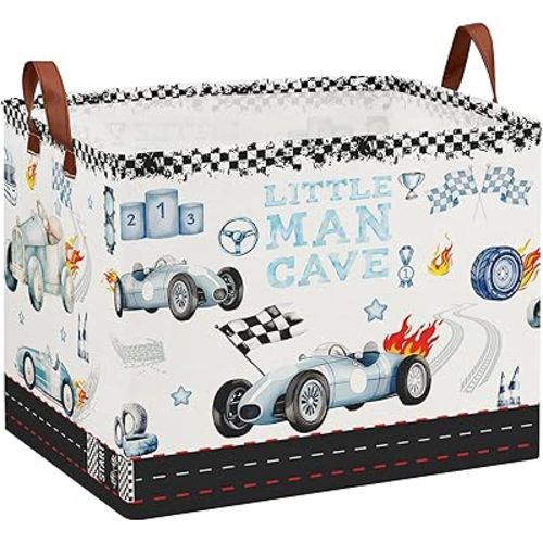 Car Themed Room Decor Basket, Kids Vintage Car Laundry Hampers,Storage Bins,Tire Toy Box for Boys, Blue Basket for Gifts Empty(Vintage Blue)