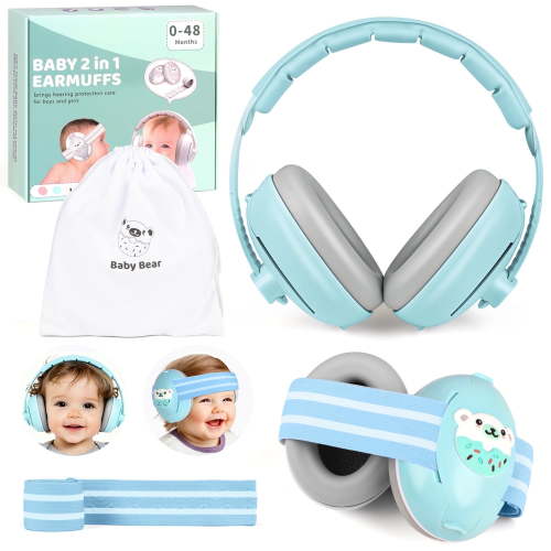 UQN 2-in-1 Baby Ear Muffs Noise Protection,Noise Canceling Headphones for Baby & Toddler 0-12-36 Months, Infant Ear Protection in Plane, Adjustable Headband,Improves Sleep - Blue