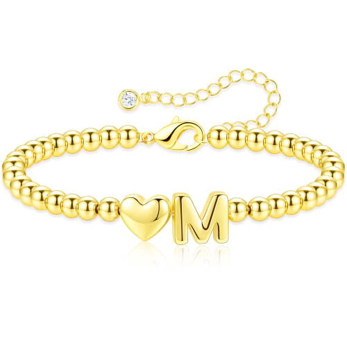APSVO 18K Gold Plated Love Heart Initial Beaded Bracelet for Women Girls Letter M Bead Birthday Graduation Jewelry Gifts Teen Mom Her Girlfriend Wife Female Lady Daughter Kids Age Ideas