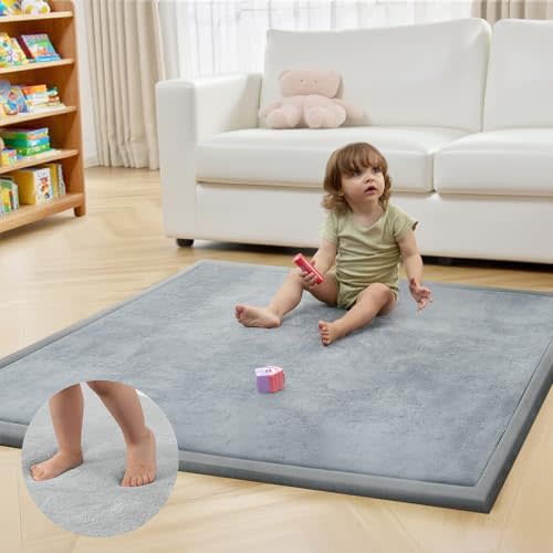 ACOMOPACK 1.3" Thick Baby Play Mat for Floor,50x50 Elasti-Foam Playpen Mat for Kids,Infants,Toddlers, Ultra Soft Crawling Mat with Non-Slip Bottom,Tummy Time,Nursery Rug,Yoga,Tatami（Light Grey）