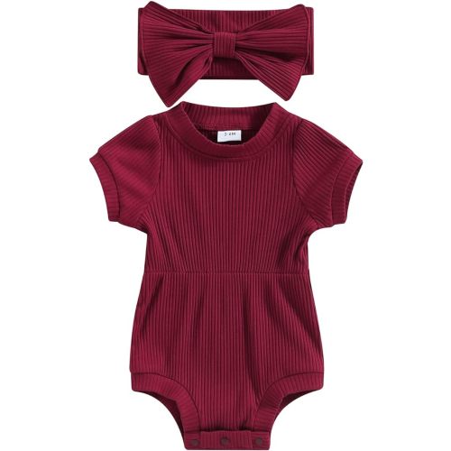 FOCUSNORM Baby Girl Summer Clothes Ribbed Short Sleeve Romper Solid Color Bodysuits Bow Headband Outfit Newborn Girl Jumpsuit