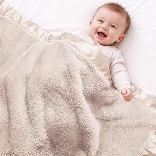 Pro Goleem Fleece Baby Blanket with 2 Inch Satin Trim Soft Anti-Static Plush Blanket for Boys and Girls Christmas Baby Gifts for Babies 30''x40''，Khaki