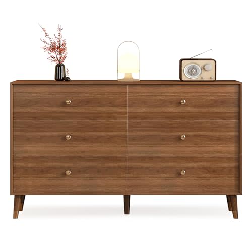 6 Drawer Dresser for Bedroom, 47 Inch Walnut Dresser for Closet, Mid Century Wood Chest of Drawers with Natural Texture & Pre-Embedded Slots for TV Stand, Living Room, Hallway, Office