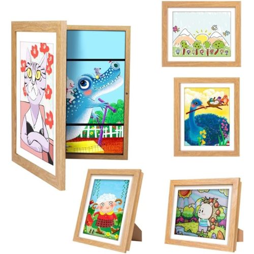 [2-Pack]Kids Art Frames,10x12.5 Front Opening Kids Artwork Frames Changeable, Display 8.5x11 or 9x12 With Mat,Holds 50 Pcs,for 3D Picture,A4 Artwork,Crafts,Childrens Drawing,Art Projects Storage-Wood