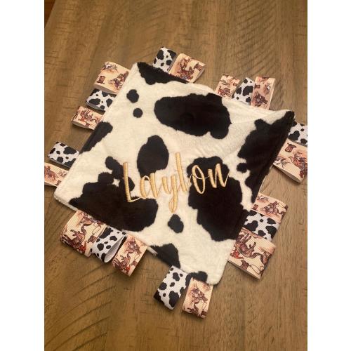 Personalized Cow Print Cowboy  Minky Baby Tag Blanket: Sensory Toy, Ribbon Taggies, Shower Gift