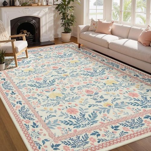 Joydeco Boho Floral Light Pink 5x7 Area Rugs for Bedroom Girls Playroom, Machine Washable Kids Room Nursery Rug Non Slip, Soft Indoor Floor Carpet for Living Room Dorm Classroom
