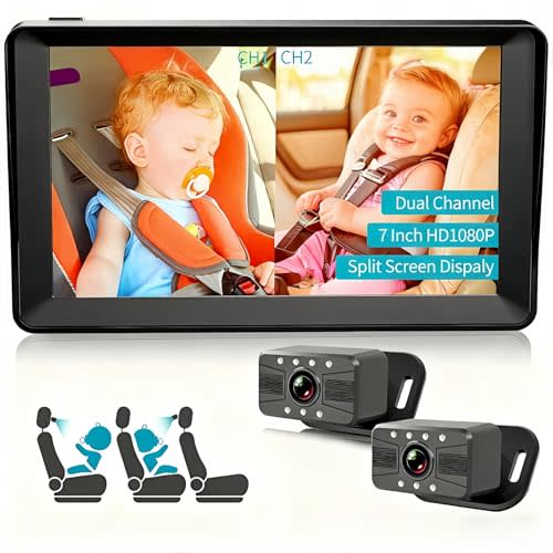 HUBOOK Baby Car Camera -7 Inch Split Screen with Dual Seat Cameras, Night Vision, HD 1080P - USB Powered Easy Install Rear Facing Baby Car Monitor - Perfect for 2Kids/Twins