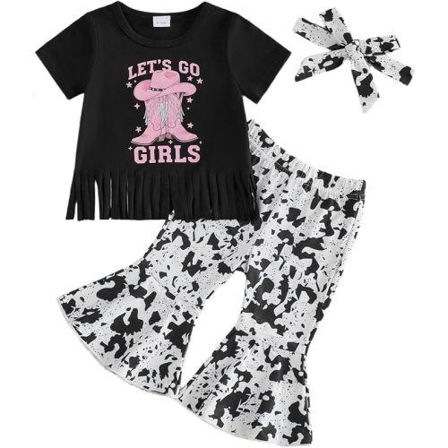 2Pcs Toddler Baby Girl Clothes Letter Print Short Sleeve T-Shirt Top Bell-Bottom Pants Western Cowgirl Outfit Set