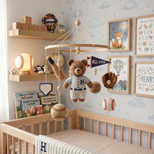 Baby Vintage Nursery Mobile, Baseball Bear Mobile, Baseball Bear Mobile, Sports Nursery Decor, Baby Boy Shower Gift Idea, Baby Shower Gift 2