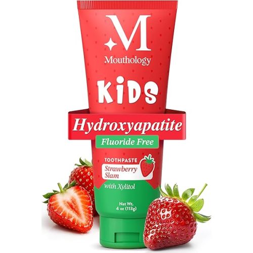 Mouthology Hydroxyapatite Kids Toothpaste Fluoride Free with Xylitol, Non Toxic Fluoride Free Toothpaste for Kids, All Ages (1-3), (3-6) & (6-12) Strawberry, 4oz