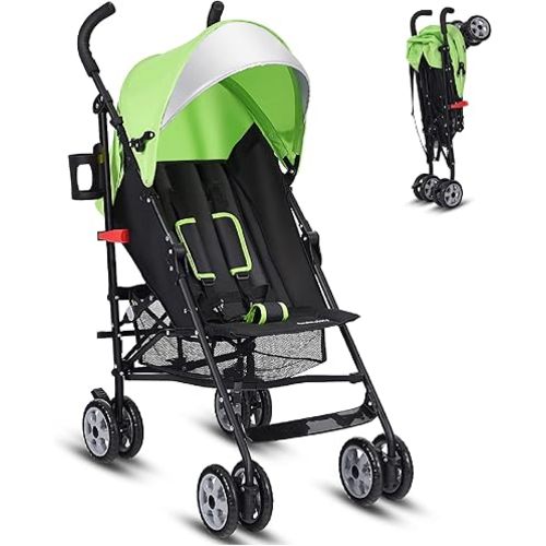HONEY JOY Baby Lightweight Stroller, Compact Travel Stroller for Airplane, Adjustable Backrest & Canopy, 5-Point Harness, Cup Holder, Storage Basket, Foldable Umbrella Stroller for Toddlers (Green)