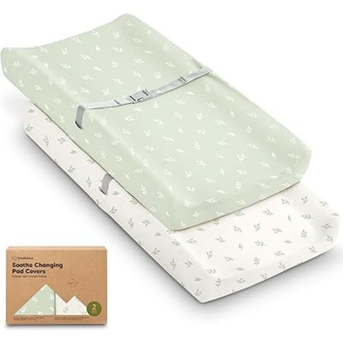 2-Pack Organic Changing Pad Covers for Girl, Boy, Neutral - 100% Cotton Changing Table Pad Cover, Soft Baby Nursery Diaper Changing Pad Sheets, Contour Changing Pads Liners, Change Pad Cover (Herb)