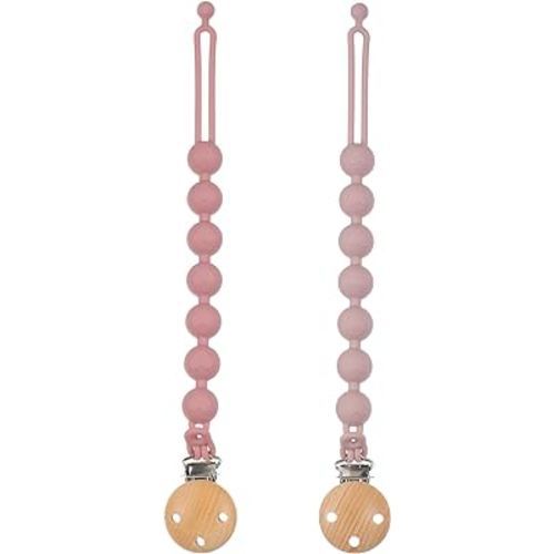 Dirbabi Silicone Pacifier Clips for Baby, 2-in-1 One Piece Design Pacifier Holder & Teething Ring Toy, BPA Free, 2 Pack (Power Rose+Dusty Lilac)