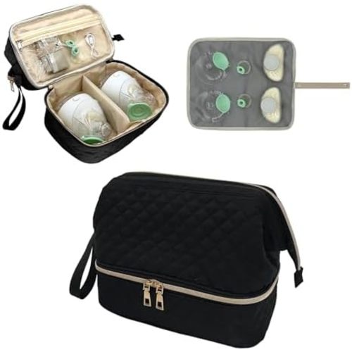 Double-Layer Wearable Breast Pump Bag for Elvie and Medela Pumps - Insulated Pockets and Waterproof Mat Included - Stylish Carrying Case for Moms on the Go (Black)