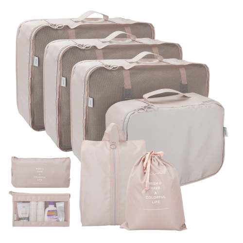 Packing Cubes 8 Set, Travel Packing Organizers with Large Toiletries Bag for Clothes Shoes, Cream