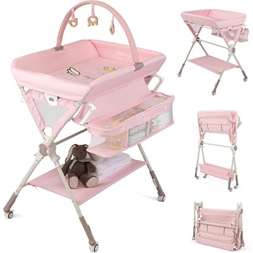 BABY JOY Portable Baby Changing Table, Foldable Diaper Changing Station with Wheels, Adjustable Height, Large Storage Rack, Removable Activity Arch, Mobile Nursery Organizer for Newborn Infant (Pink)