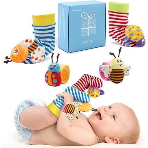 Bloobloomax Baby Rattles Toys for 0-12 Month, Infant Girl Boy Toys for Babies 3-6 Months, Newborn Hand & Foot Toys for 0 to 9 Months, Baby Shower Gifts Set with Wrist Rattle Socks (Light Blue)