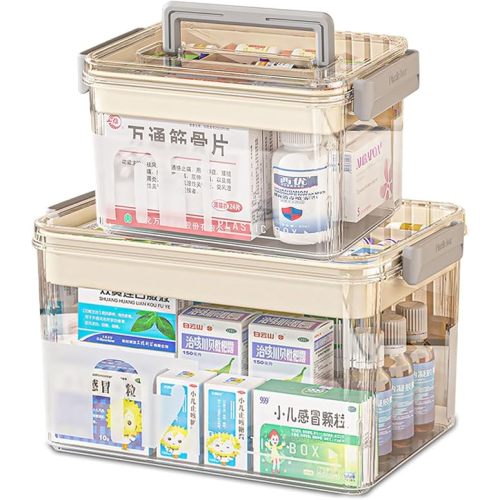 Medicine Box Set,2-Tier Large Capacity Medicine Storage Box with Handle,Clear Plastic First Aid Box Empty,Portable Medication Organizer Storage for Home & Travel 2Pack-Gray