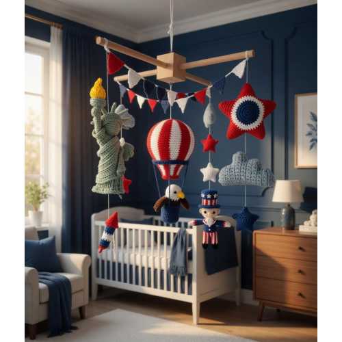 Patriotic Baby Mobile, USA Crochet Nursery Mobile, Americana Crib Mobile, 4th of July Nursery Decor, Hot Air Balloon Mobile