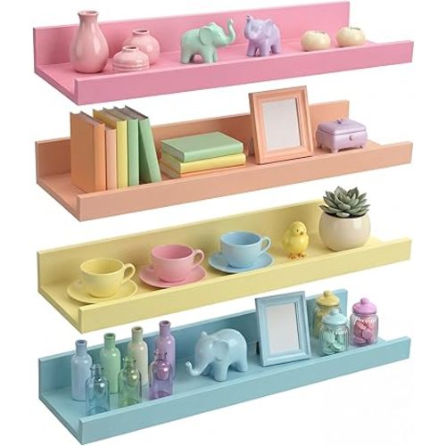 4 Set Pastel Floating Shelves 16 Inch Wood Wall Mounted Shelves Decor with Lips Candyland Macaroon Hanging Display Ledge Shelf for Classroom Bedroom Dormitory Banquet Party Decor