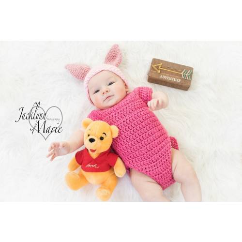 Disney's Inspired Piglet, Winnie the Pooh Crochet Handmade Baby Costume/Photo Prop Hat and Bodysuit. Booties are Optional, sold separately.