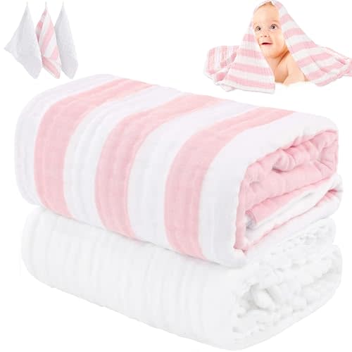 Muslin Baby Towel 5 Pieces Set, 100% Organic Cotton, Soft & Absorbent for Newborns to Toddlers, Baby Registry or Shower Gift (Pink Striped)