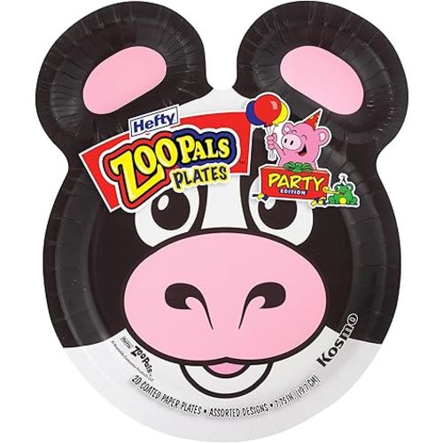 Hefty Zoo Pals Party Edition Paper Plates for Kids, Assorted Animal Designs, 7.75 Inches with Two Dipping Compartments, Multi-Color, 20 Count