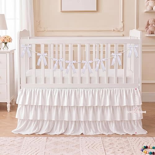 White Ruffled Crib Skirt with 8 Pcs Large Cot Bow 28" x 52" with 20" Drop Baby Crib Skirt Triple Layer Extra Long Boho Nursery Toddler Bed Dust Ruffle for Boys Girls Bedding