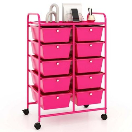 Costway 10-Drawer Storage Cart Utility Rolling Trolley Kitchen Organizer Hot Pink