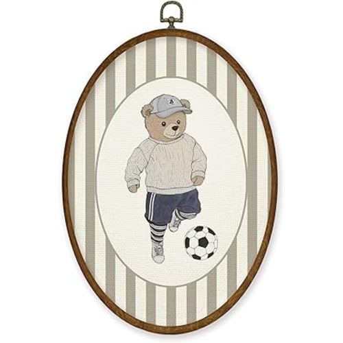 WULQYING Vintage Bear Playing Soccer Wall Art Decor, Nursery Football Sports Oval Framed Canvas Art Prints, Country Striped Sport Wall Hanging Decor for Home Playroom Boy Bedroom, 8.6x11.4 Inches