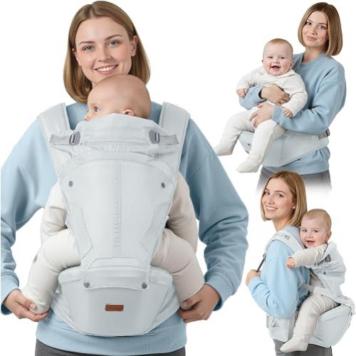 BabbleRoo 6-in-1 Baby Carrier with Hip Seat, Ergonomic Newborn to Toddler Carrier 7–50 lbs, Front Back Hip Carry, Lumbar Support, Sun Hood, Safety-Certified, Seafoam