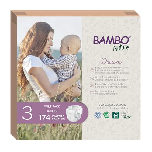 Bambo Nature Hypoallergenic Baby Diapers, Eco-Labelled Sustainable Diapers, Enhanced Leakage Protection, Totally Chlorine-free, Skin Friendly, and Super Absorbent - Size 3 (174 Count)