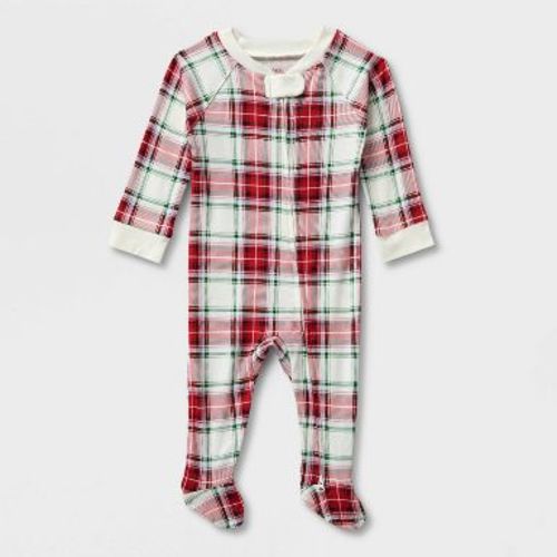 Baby Holiday Plaid Cotton Matching Family Footed Pajamas - Wondershop™​​​​​​​ Cream Plaid 6-9M