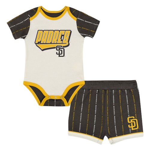 Infant San Diego Padres  Outerstuff White/Brown Lead Run Diaper Cover Bodysuit & Shorts Set